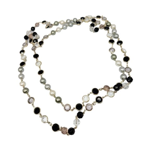 Vintage Black & White Rivoli Beaded Layering Necklace 60" Silver Tone - Picture 11 of 12
